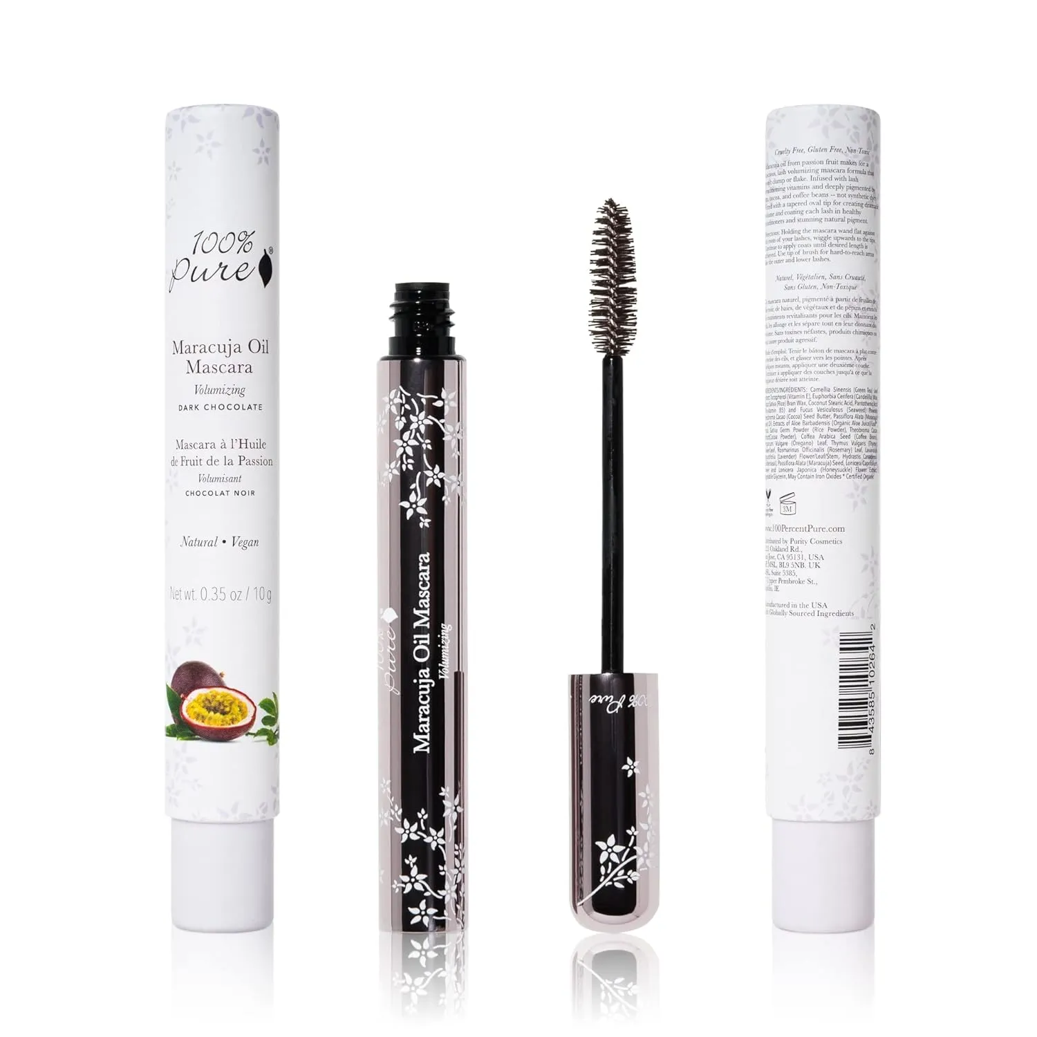 100% PURE Maracuja Oil Mascara Dramatic Intense Volume & Length Natural Fruit Pigmented Voluminous Eyelash Makeup No Clumping, Smudging or Flaking - Vegan, Dark Chocolate Color - 0.35 oz