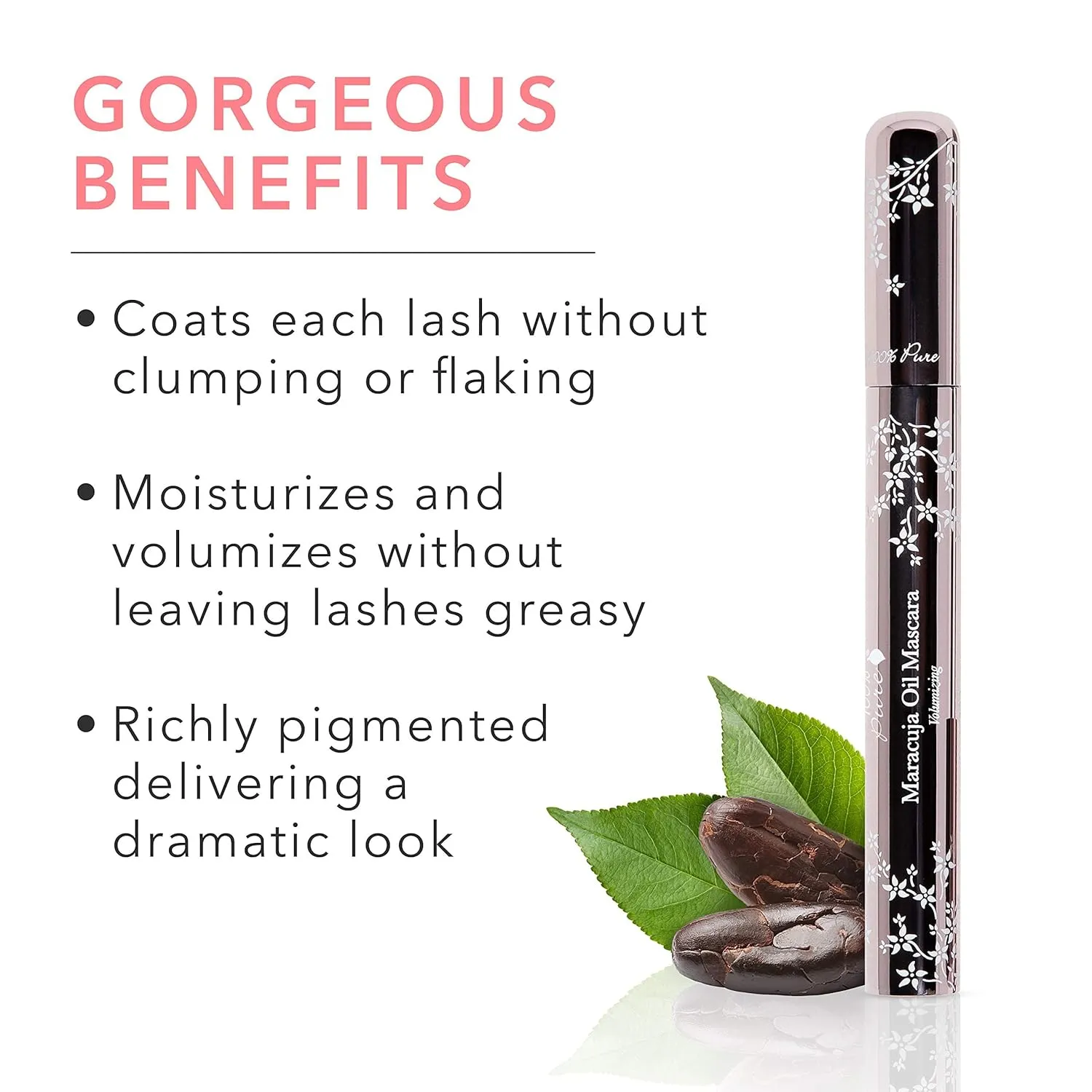 100% PURE Maracuja Oil Mascara Dramatic Intense Volume & Length Natural Fruit Pigmented Voluminous Eyelash Makeup No Clumping, Smudging or Flaking - Vegan, Dark Chocolate Color - 0.35 oz