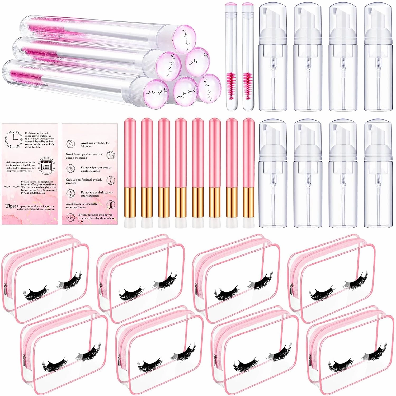 8 Pcs Lash Shampoo Brushes Set Eyelash Aftercare Bag Disposable Mascara Tubes Foam Pump Bottle Extension Aftercare Instructions Cards Eyelash Accessories for Women Mother's Gift(Clear Bag, PVC)