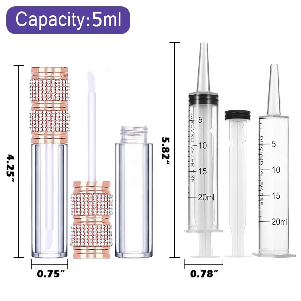 AMORIX 72 Pack 5ml Rose Gold Crystal Lip Gloss Tubes with Wand 5ml Empty Lip Gloss Containers Lipgloss Bottles with 4pcs Syringes   Labels for DIY Lip Gloss