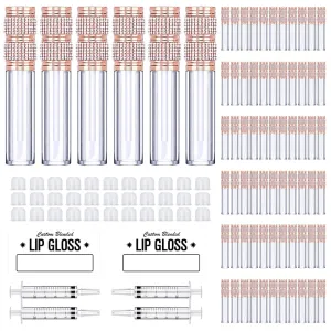 AMORIX 72 Pack 5ml Rose Gold Crystal Lip Gloss Tubes with Wand 5ml Empty Lip Gloss Containers Lipgloss Bottles with 4pcs Syringes   Labels for DIY Lip Gloss