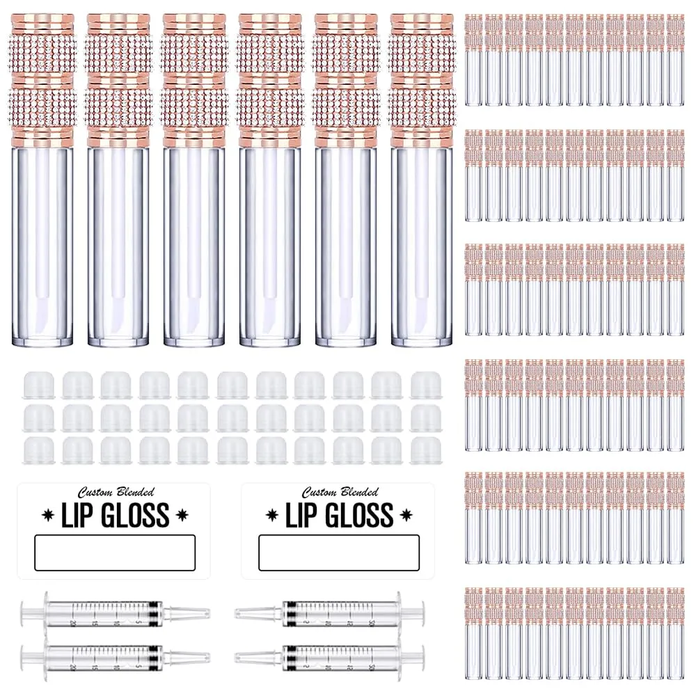 AMORIX 72 Pack 5ml Rose Gold Crystal Lip Gloss Tubes with Wand 5ml Empty Lip Gloss Containers Lipgloss Bottles with 4pcs Syringes   Labels for DIY Lip Gloss