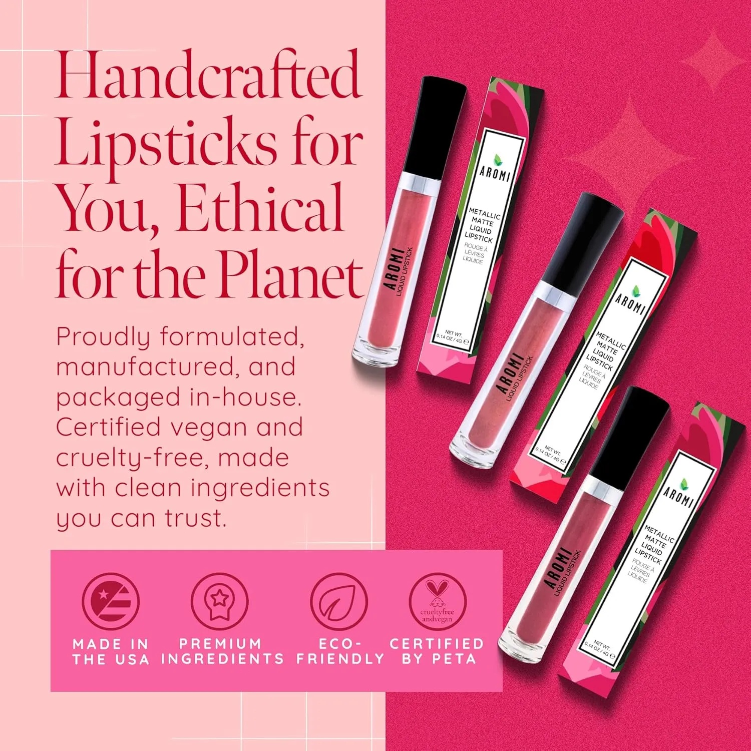 Aromi Cotton Candy Metallic Matte Liquid Lipstick, Frosty, Light Pink Lip Color with Shimmery Finish, Vegan & Cruelty-free, Long-Lasting Lipstick, Handmade (Cotton Candy)