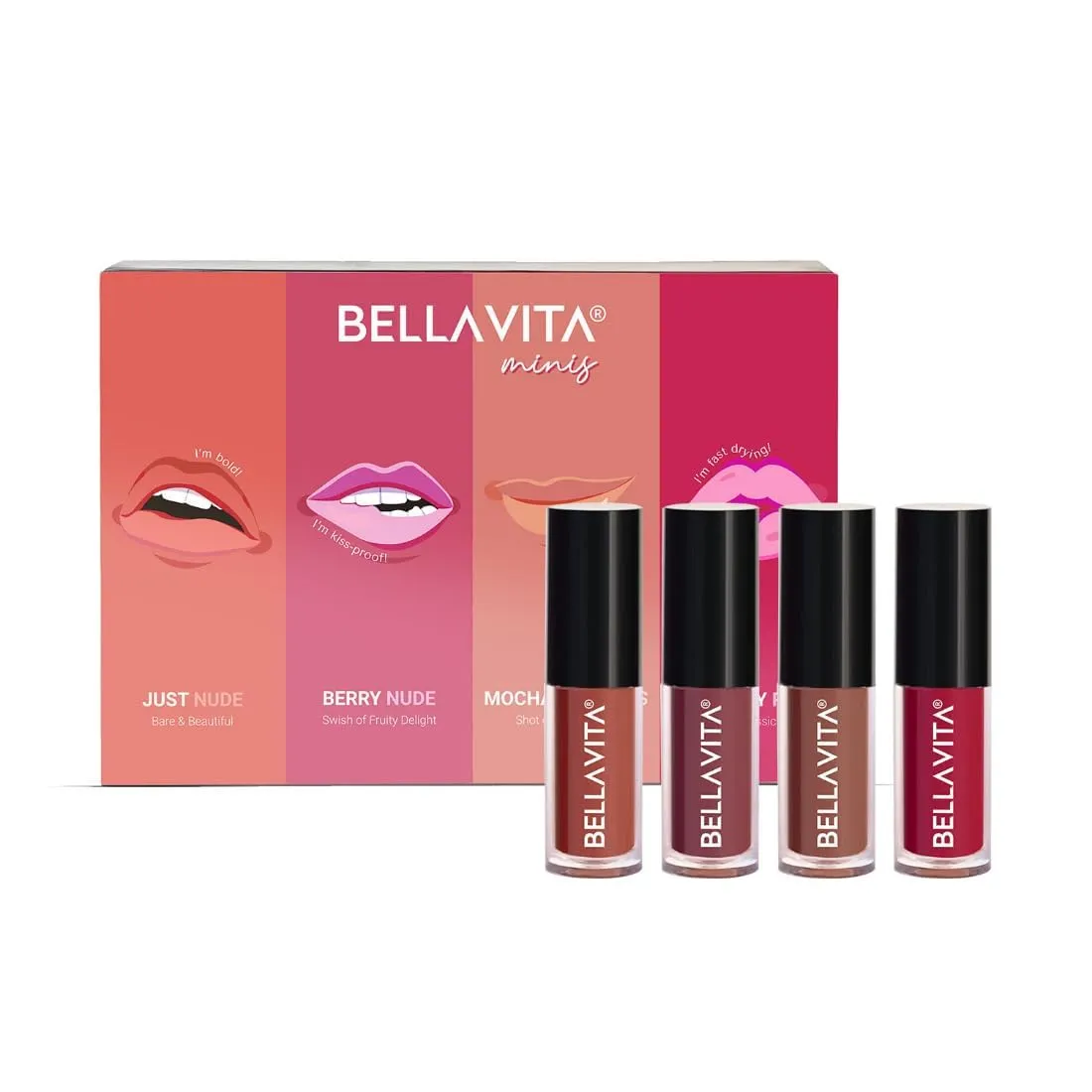 BELL.A o VITA... Mini Kiss Proof Liquid Lipstick Gift Set of 4 x 2ml | Smudge & Transfer-Proof | Intense Moisturisation | Just Nude   Berry Nude   Mocha Madness   Cherry Pop | Lipstick Combo Set.