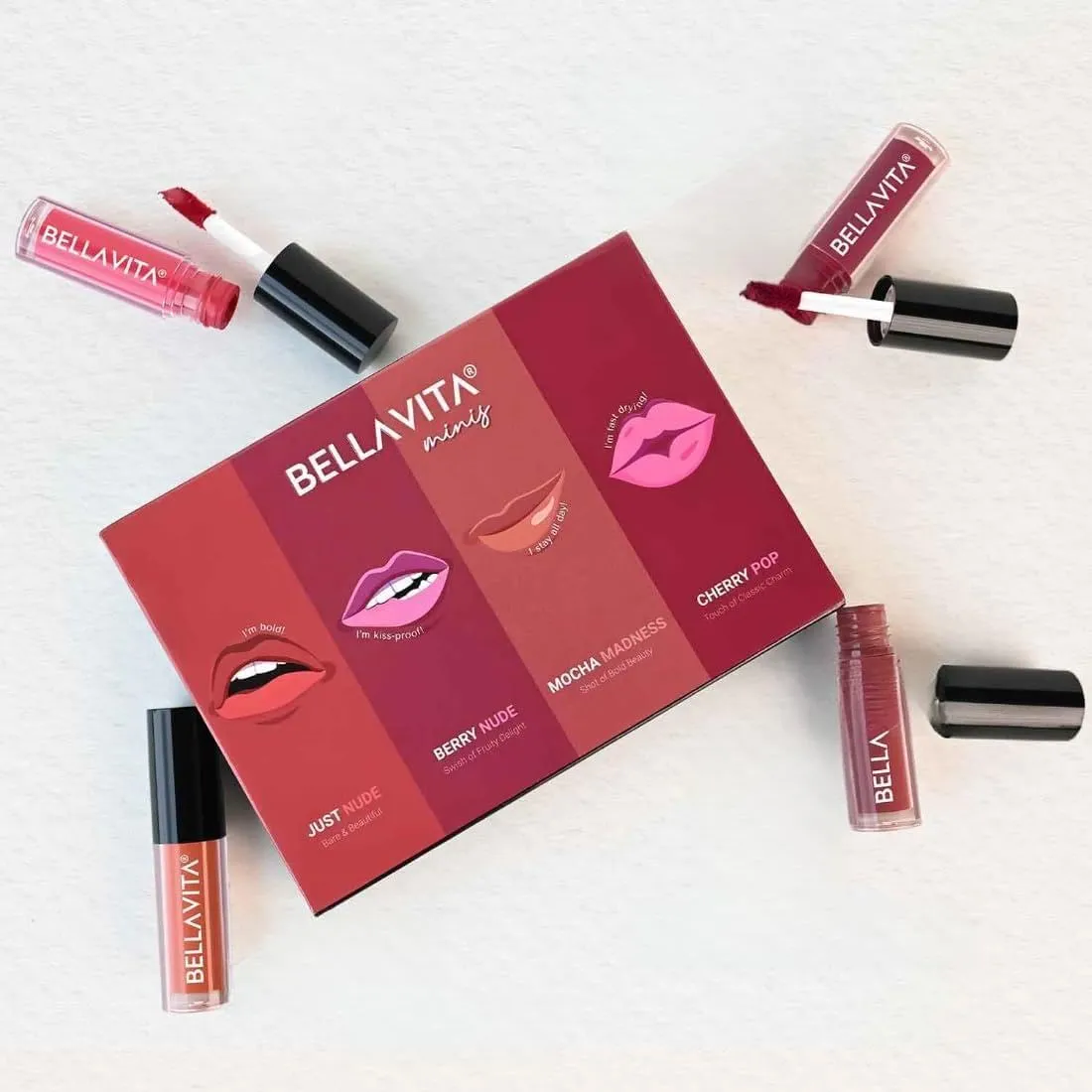 BELLA VITA Mini Kiss Proof Liquid Lipstick Gift Set of 4 x 2ml | Smudge & Transfer-Proof | Intense Moisturisation | Just Nude   Berry Nude   Mocha Madness   Cherry Pop | Lipstick Combo Set