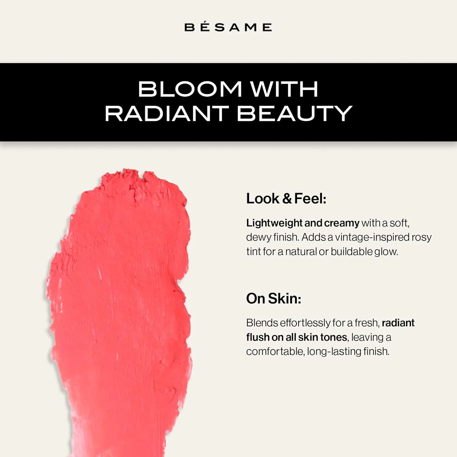 BESAME Poppy Pink Cream Rouge - 1967, Highly Pigmented, Matte Finish, Multi-Use for Lips and Cheeks, Vintage-Inspired Reusable Tin, Long-Wearing