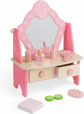 Bigjigs Toys Kids Vanity Table - Pink Table Top Vanity with Mirror, 2 Drawers & Pretend Makeup Sets for Girls, Unique Wooden Role Play Toys, Gifts for Girls Aged 3 