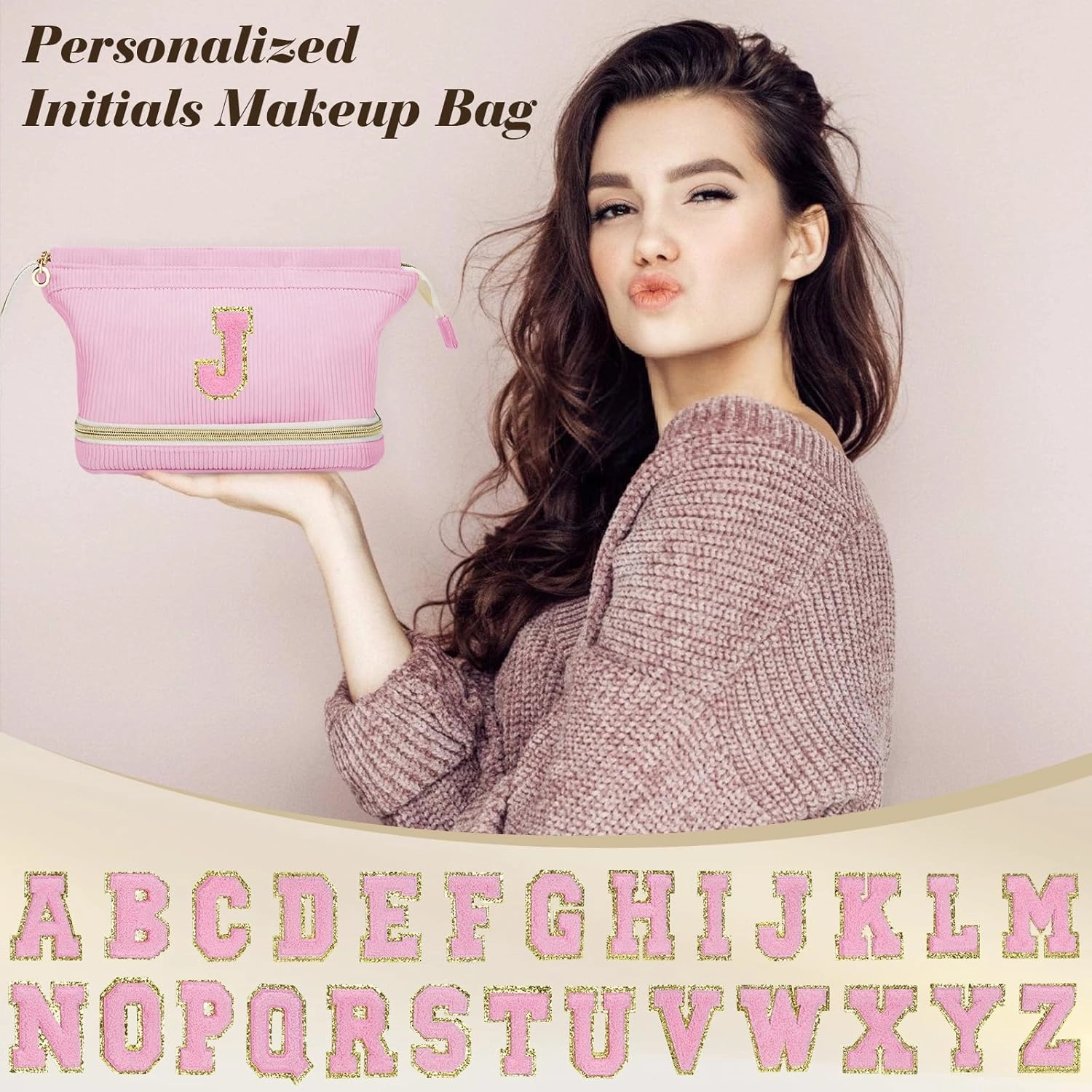 Birthday Gifts for Girls, Personalized Initial Make up Bag 18th Birthday Gifts for Girls Women, Travel Make up Bag Cosmetic Bag Preppy Stuff Bag for Her Mom Girlfriend Wife Teacher - Pink B