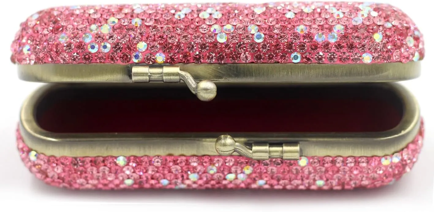 Bling Rhinestone Crystal Lipstick Case Holder Organizer bag Cosmetic Storage for Women's Lipstick Jewelry Kit (Pink)