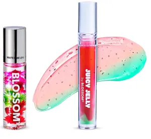 Blossom Scented Roll on Lip Gloss and Juicy Jelly Moisturizing Lip Care Nourishing Lip Oil, 2 Pack, Watermelon