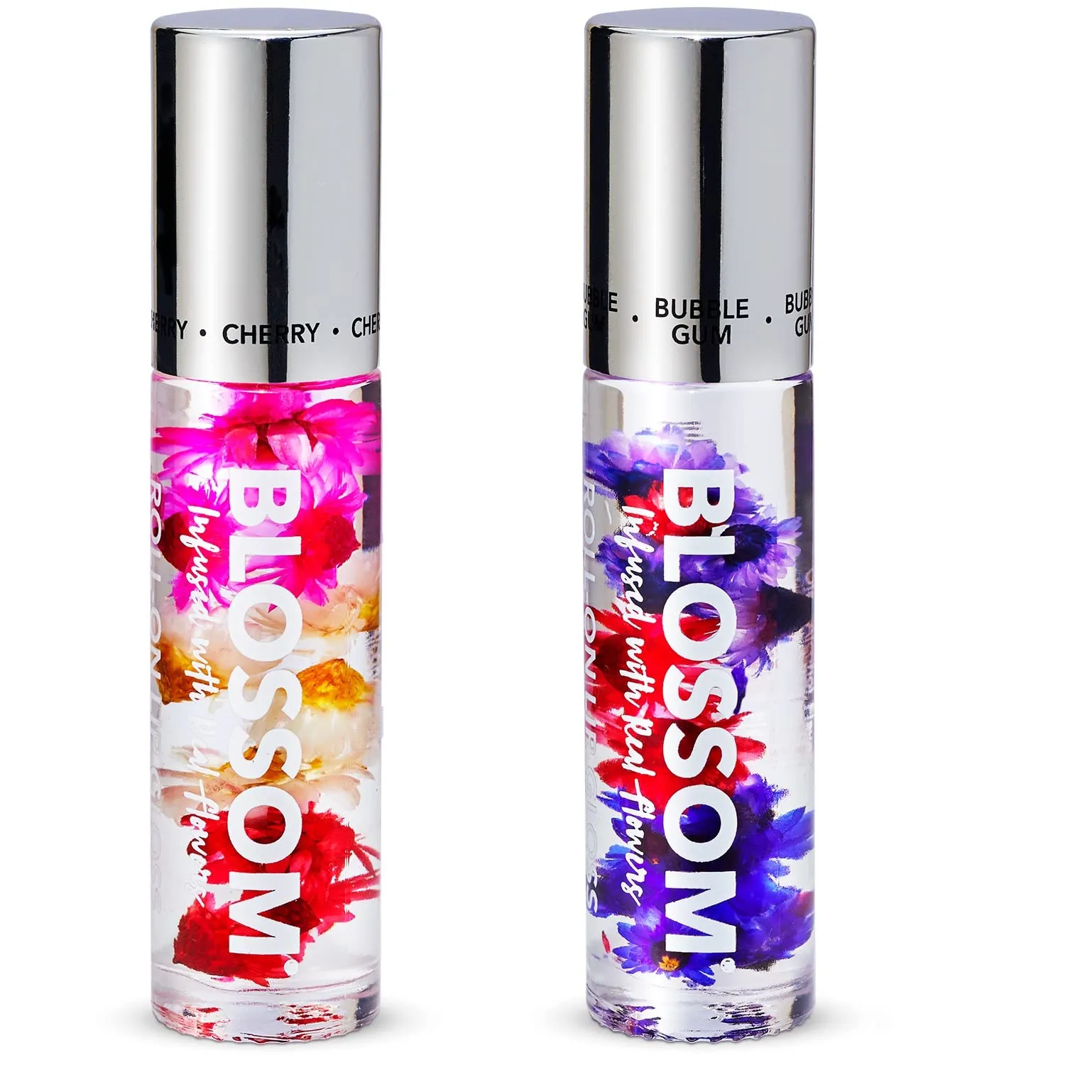 Blossom Scented Roll on Lip GLoss, Infused wtih Real Flowers, Made in USA, 0.40 fl oz, 2 Pack Bundle, Bubble Gum/Cherry