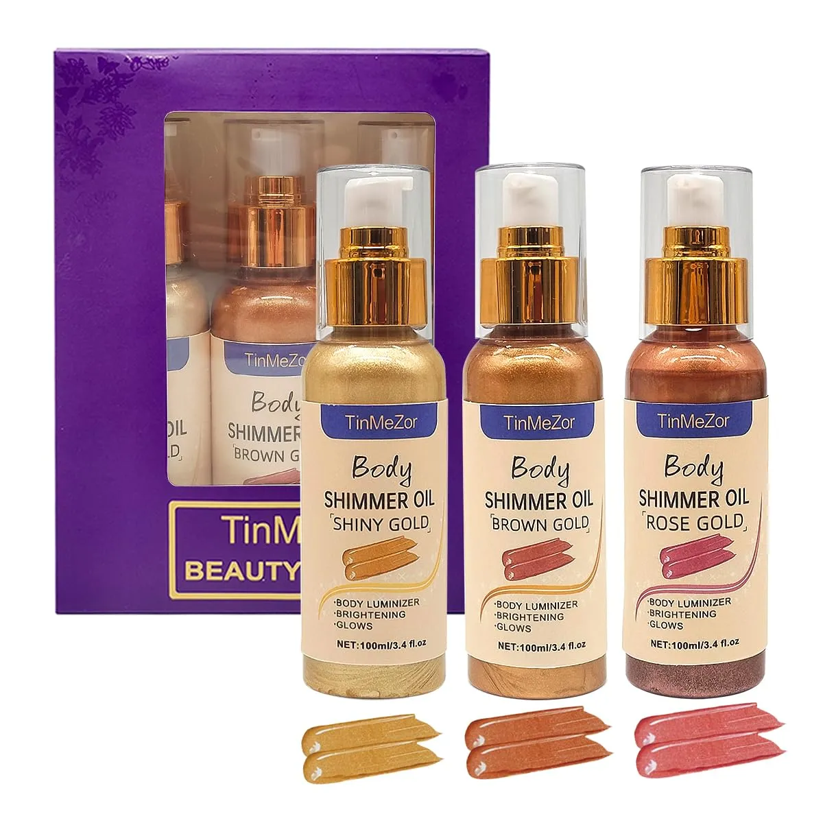 Body Shimmer Lotion,Shimmer Body Oil,Highlighter, Glitter Oil, Liquid illuminate Spray Waterproof Long Lasting Brown,Gold,Rose Gold color Gift Set (3 pcs in pack,300ml)