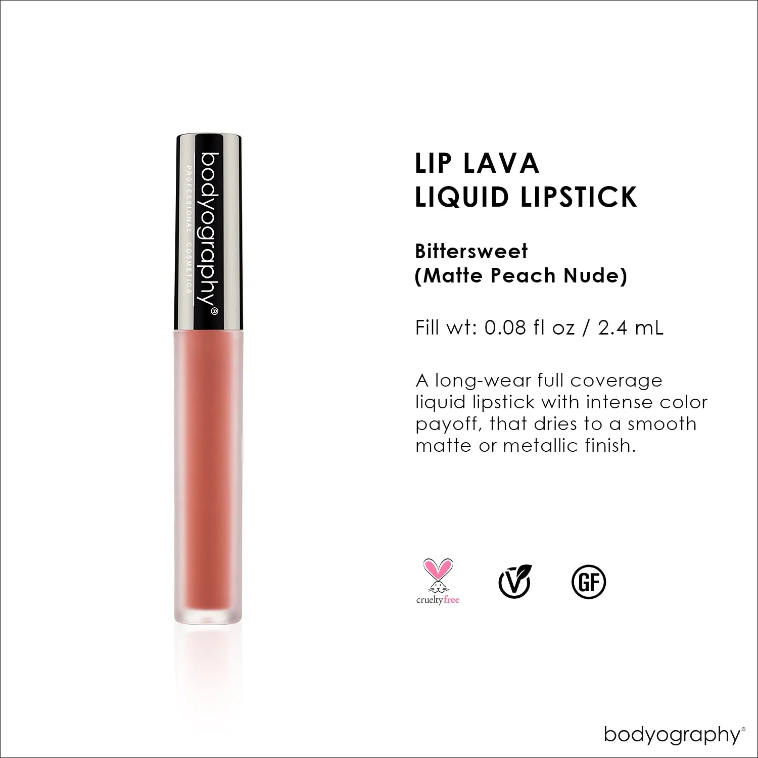 BODYOGRAPHY: Matte Lip Lava Liquid Lipstick (Bittersweet): Peach Nude Salon Makeup Long-Wearing Lipstick with Soft Opaque Finish | Vegan, Gluten-Free, Cruelty-Free, Paraben-Free
