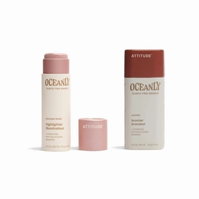 Bundle of ATTITUDE Oceanly Lightweight Highlighter Stick, Titanium Dioxide-Free, EWG Verified, Plastic-Free, Vegan Makeup, Golden Rose, 0.3 Oz   Oceanly Lightweight Bronzer Stick, Coffee, 0.3 Oz