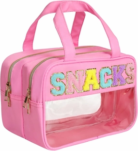 Chenille Letter Clear Large Makeup Bag, Preppy Cosmetic Bag Clear Snack Bags with Zipper,Stuff Bag Waterproof Bag Travel Toiletry Bag Cosmetic Pouch for Women Girls (Pink-SNACKS)
