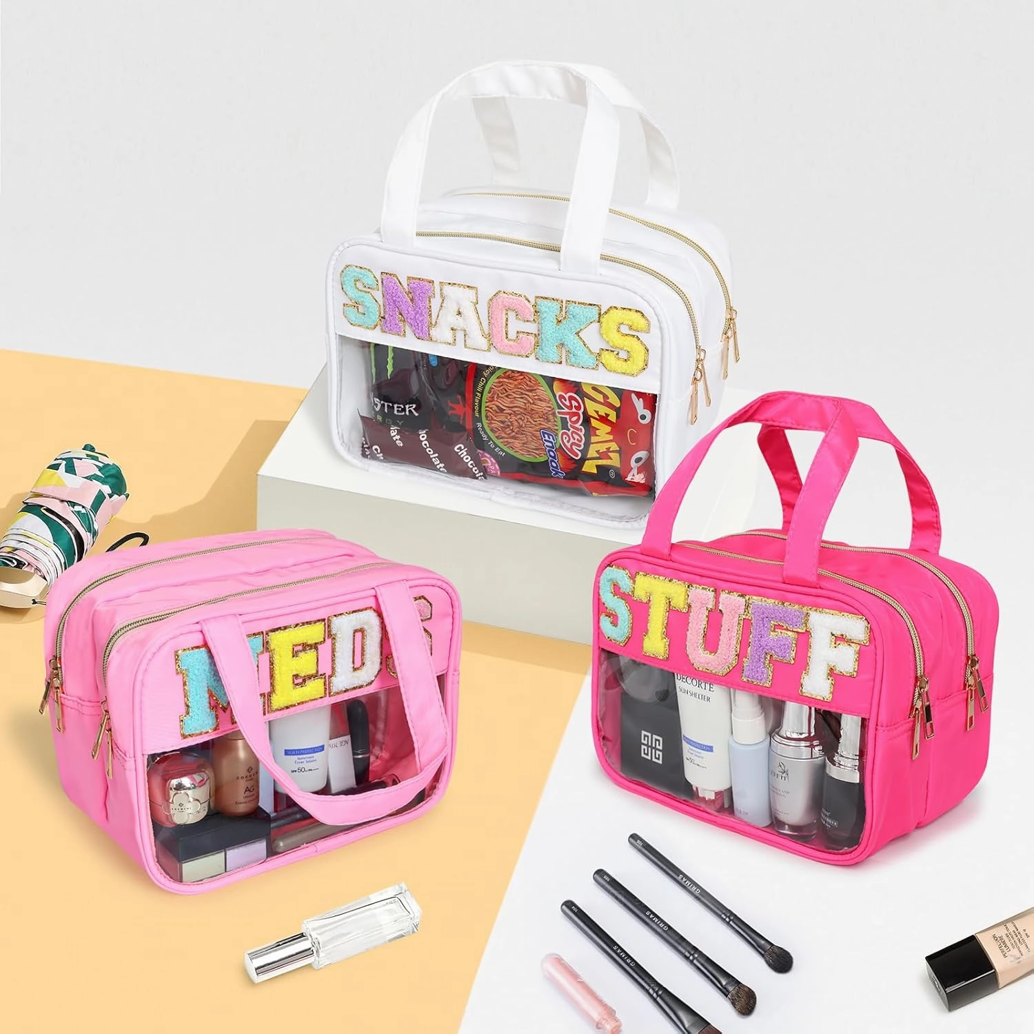 Chenille Letter Clear Large Makeup Bag, Preppy Cosmetic Bag Clear Snack Bags with Zipper,Stuff Bag Waterproof Bag Travel Toiletry Bag Cosmetic Pouch for Women Girls (Pink-SNACKS)