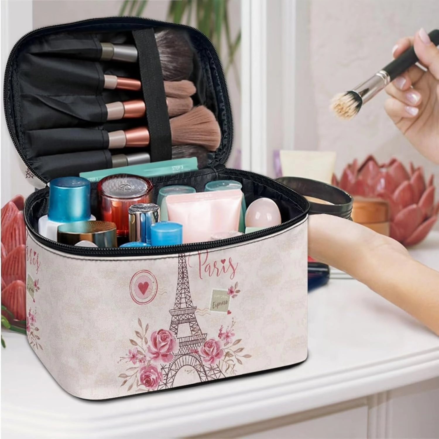 COEQINE Makeup Bag Set Of 3 Eiffel Tower Pink Rose Small Makeup Bag for Women Travel Cosmetic Bag With Zipper Waterproof Makeup Organizer Storage Bag With Zipper