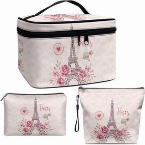 COEQINE Makeup Bag Set Of 3 Eiffel Tower Pink Rose Small Makeup Bag for Women Travel Cosmetic Bag With Zipper Waterproof Makeup Organizer Storage Bag With Zipper