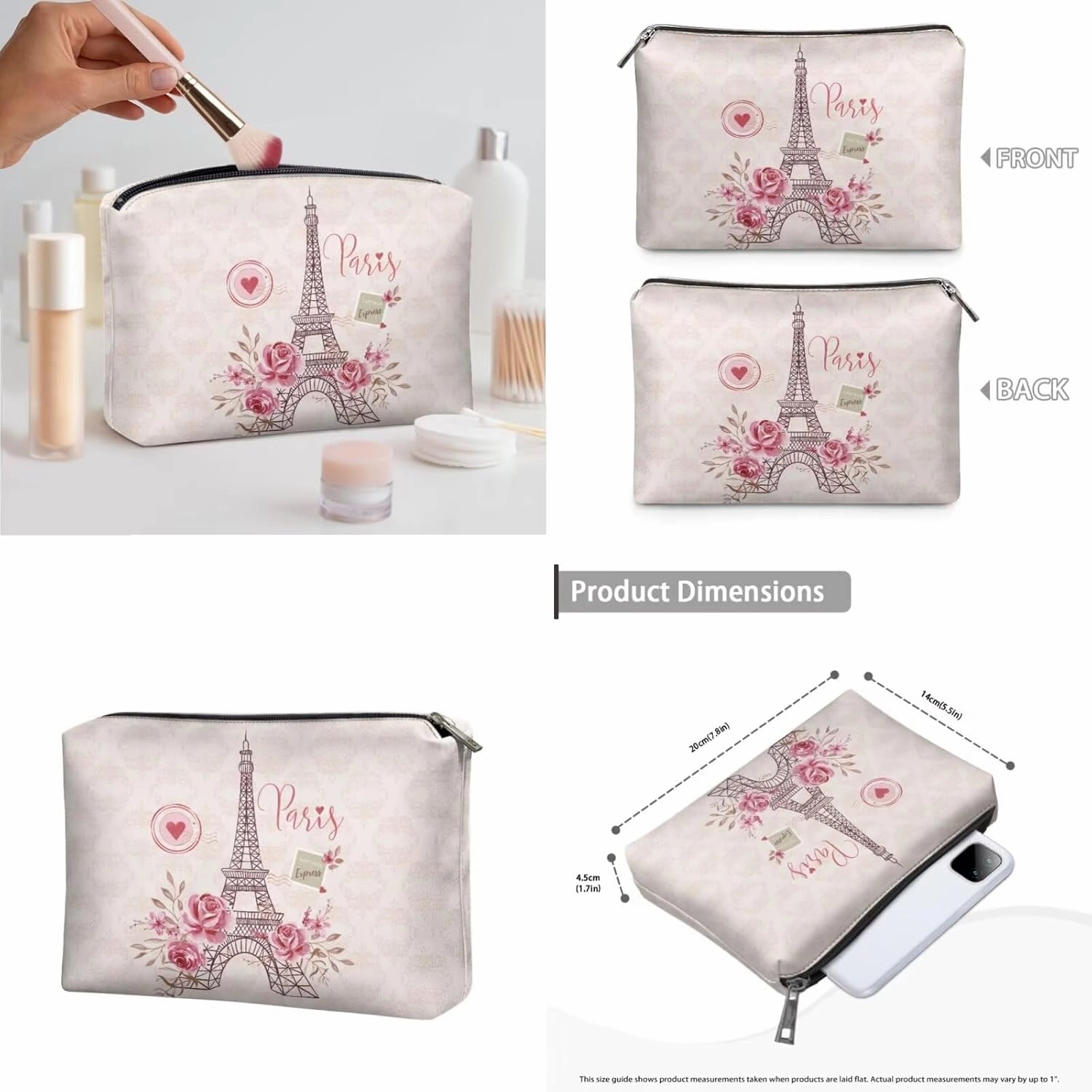 COEQINE Makeup Bag Set Of 3 Eiffel Tower Pink Rose Small Makeup Bag for Women Travel Cosmetic Bag With Zipper Waterproof Makeup Organizer Storage Bag With Zipper