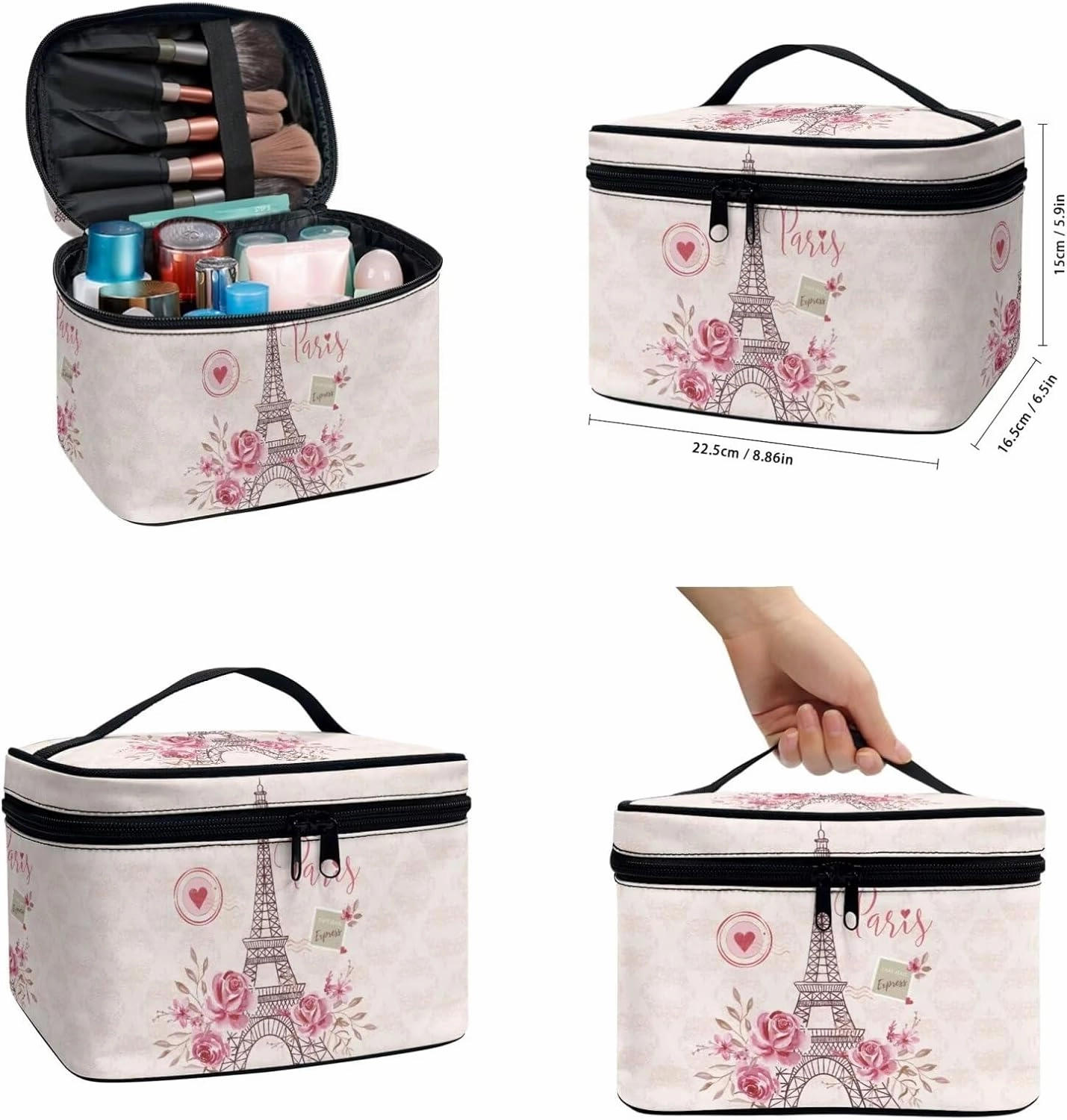 COEQINE Makeup Bag Set Of 3 Eiffel Tower Pink Rose Small Makeup Bag for Women Travel Cosmetic Bag With Zipper Waterproof Makeup Organizer Storage Bag With Zipper