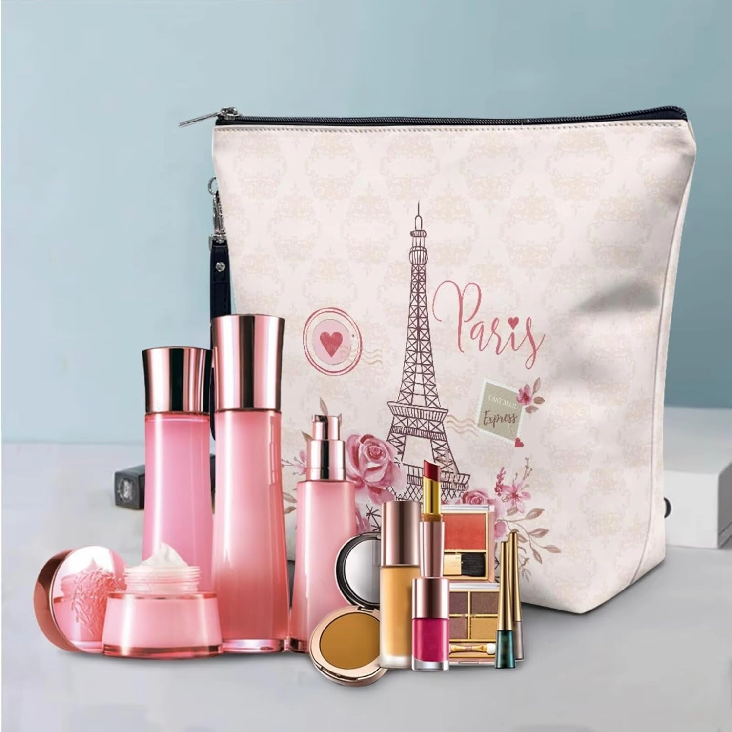 COEQINE Makeup Bag Set Of 3 Eiffel Tower Pink Rose Small Makeup Bag for Women Travel Cosmetic Bag With Zipper Waterproof Makeup Organizer Storage Bag With Zipper