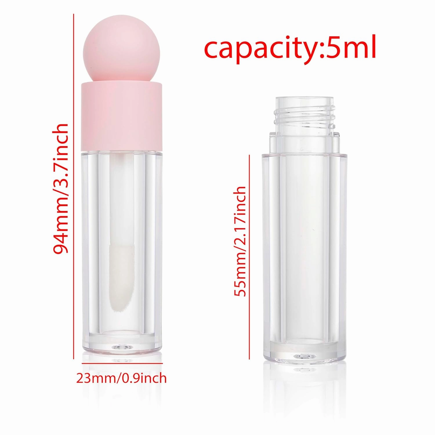 COSIDEA 30pcs Empty 5ml Pink lip gloss tubes with big wand large deo foot brush lipgloss tube container with ball shape cap