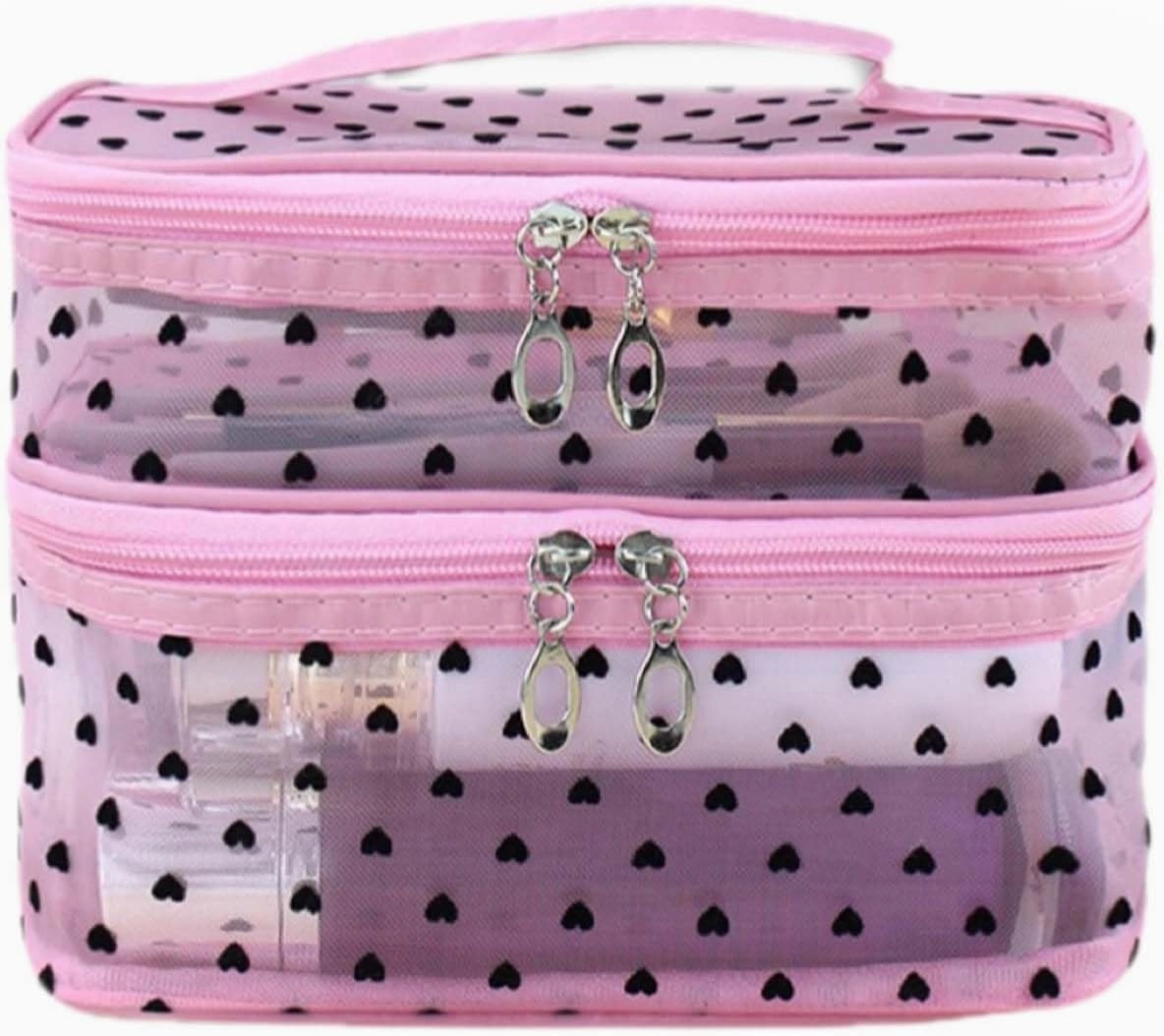 Cosmetic Bag Travel Makeup Bag Mesh Double Layer Large Makeup Pouch Travel Accessories Essentials Toiletry Bag for Women Makeup Travel Organizer (double-layer pink)