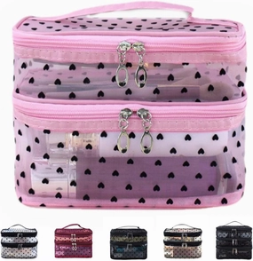 Cosmetic Bag Travel Makeup Bag Mesh Double Layer Large Makeup Pouch Travel Accessories Essentials Toiletry Bag for Women Makeup Travel Organizer (double-layer pink)