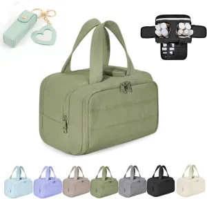 Curetoaway Large Capacity Wide-Open Travel Cosmetic Bag,Cureaway Travel Cosmetic Bag,4-in-1 Puffy Multi-functional Toiletry Bags,Curetoaway Toiletry Bags for Women with Divider and Handle (Green)