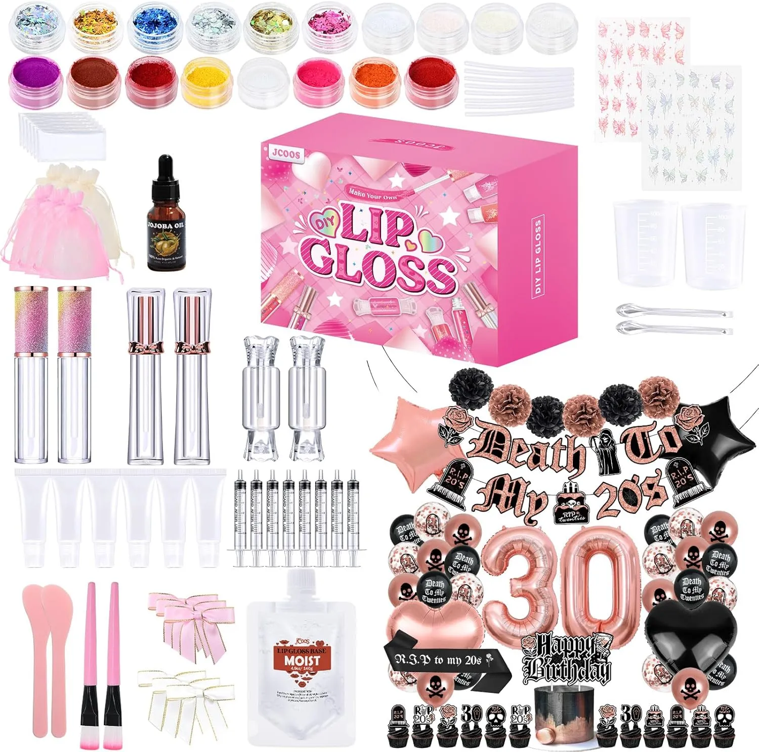 Death to My 20s Decorations, 30th Birthday Decorations for Her Black and Rose Gold, JCOOS Lip Gloss Making Kit, Lip Gloss Set for Teens Lip Kit Fun DIY Lipgloss Making Kit, Lip Gloss Kit for Girls