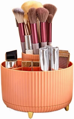 Desktop Rotating Storage Pen Holder Cosmetic Brush Rack Table Dressing Eye Shadow Lipstick Box Organizer (Orange)