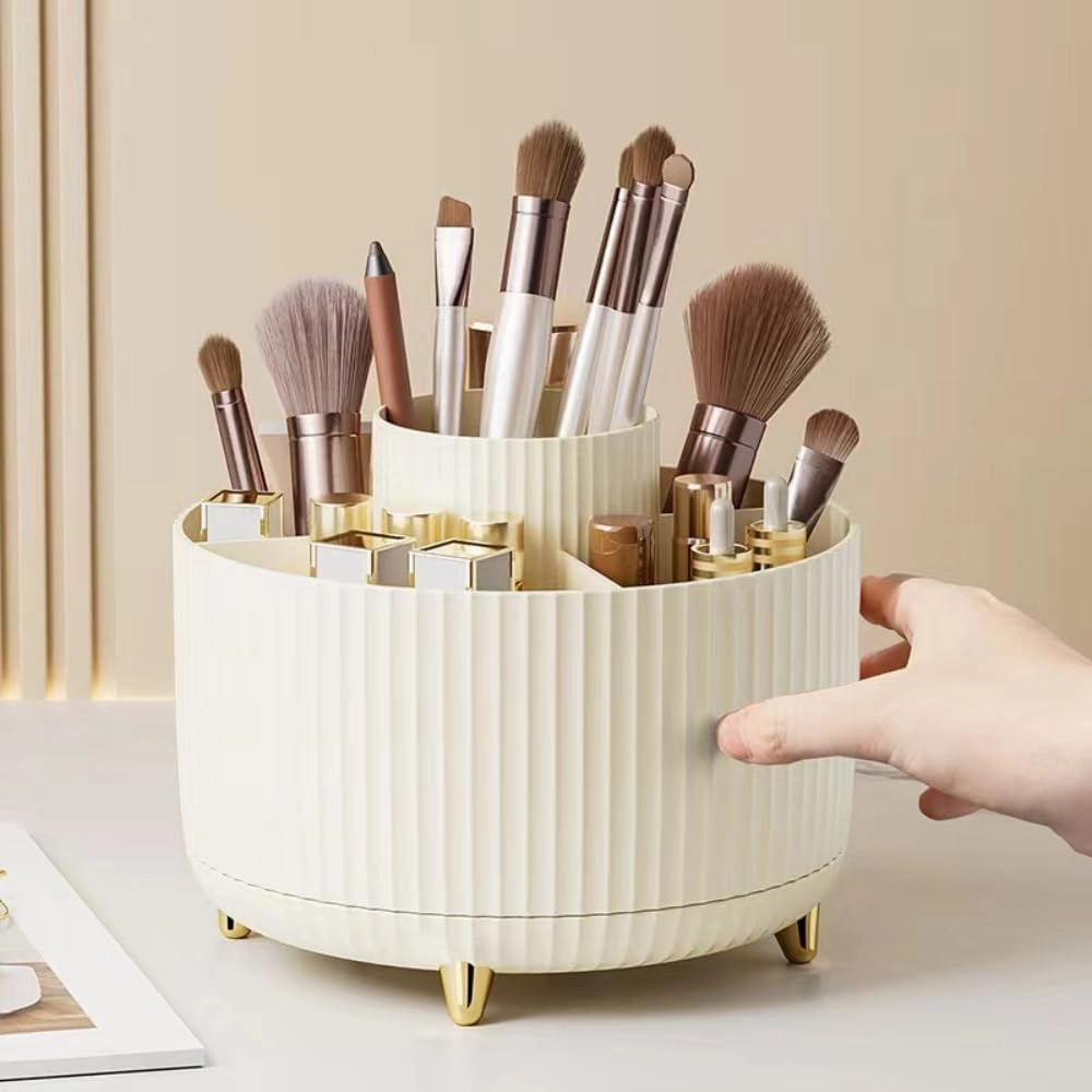 Desktop Rotating Storage Pen Holder Cosmetic Brush Rack Table Dressing Eye Shadow Lipstick Box Organizer (Orange)