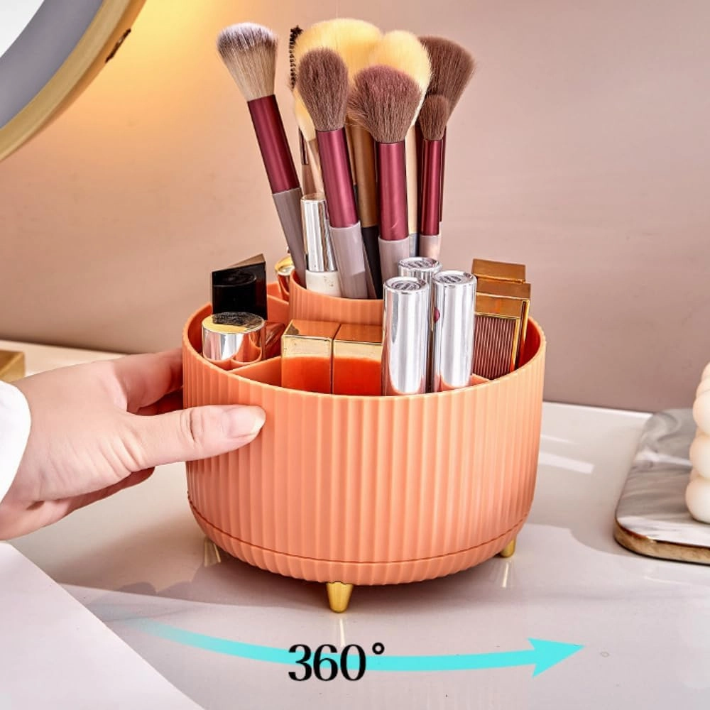 Desktop Rotating Storage Pen Holder Cosmetic Brush Rack Table Dressing Eye Shadow Lipstick Box Organizer (Orange)