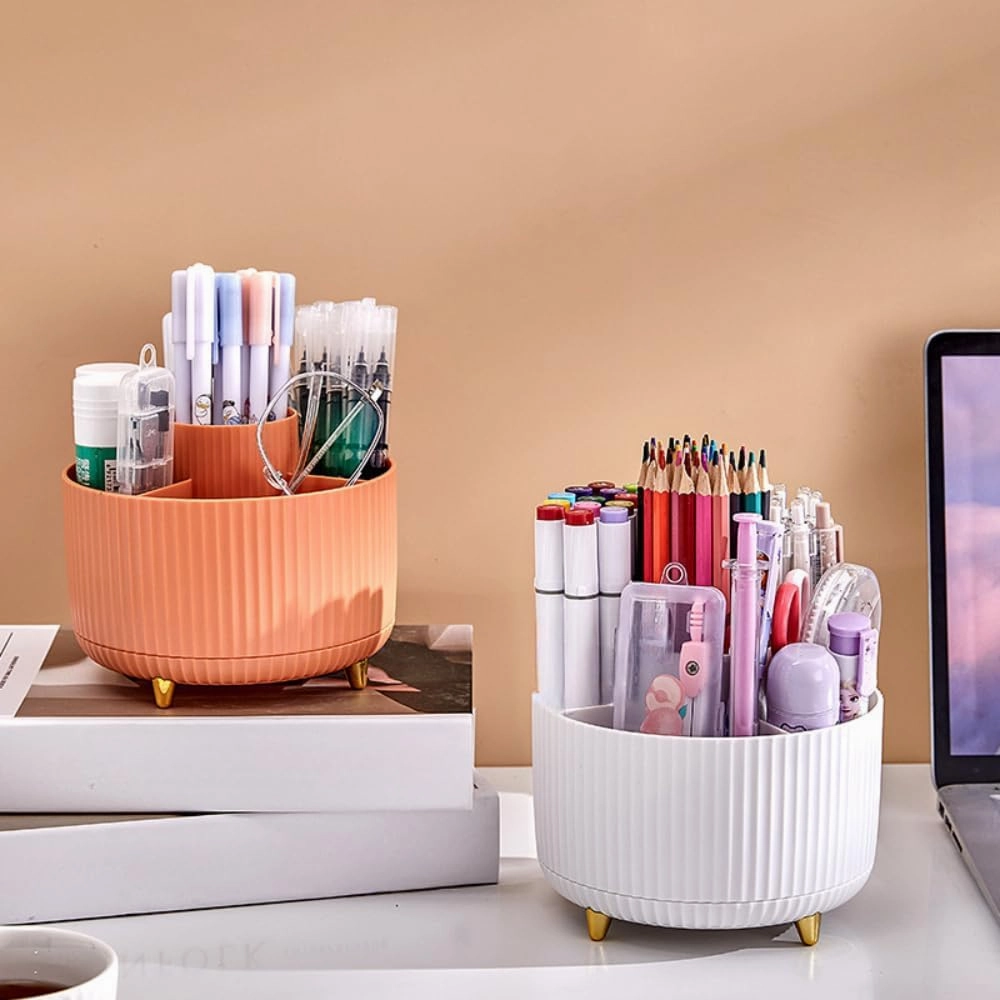 Desktop Rotating Storage Pen Holder Cosmetic Brush Rack Table Dressing Eye Shadow Lipstick Box Organizer (Orange)