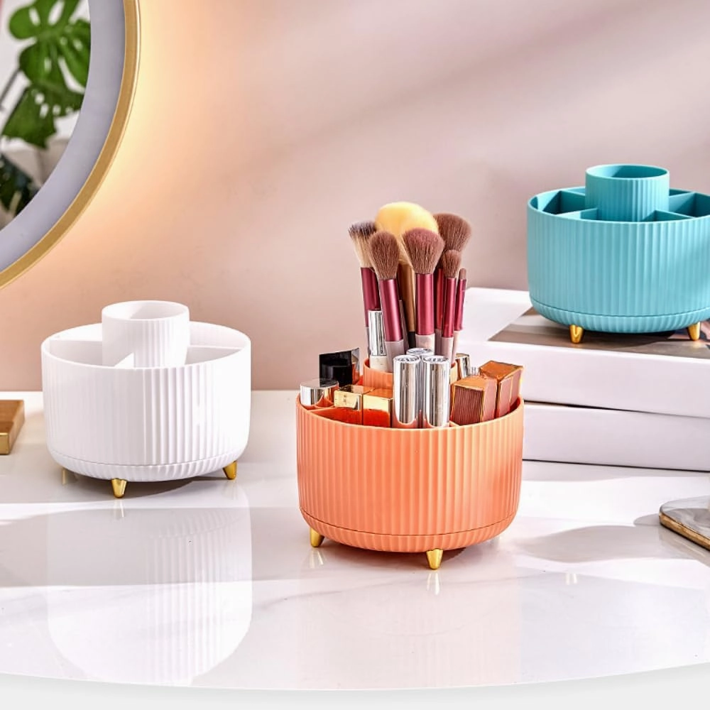 Desktop Rotating Storage Pen Holder Cosmetic Brush Rack Table Dressing Eye Shadow Lipstick Box Organizer (Orange)