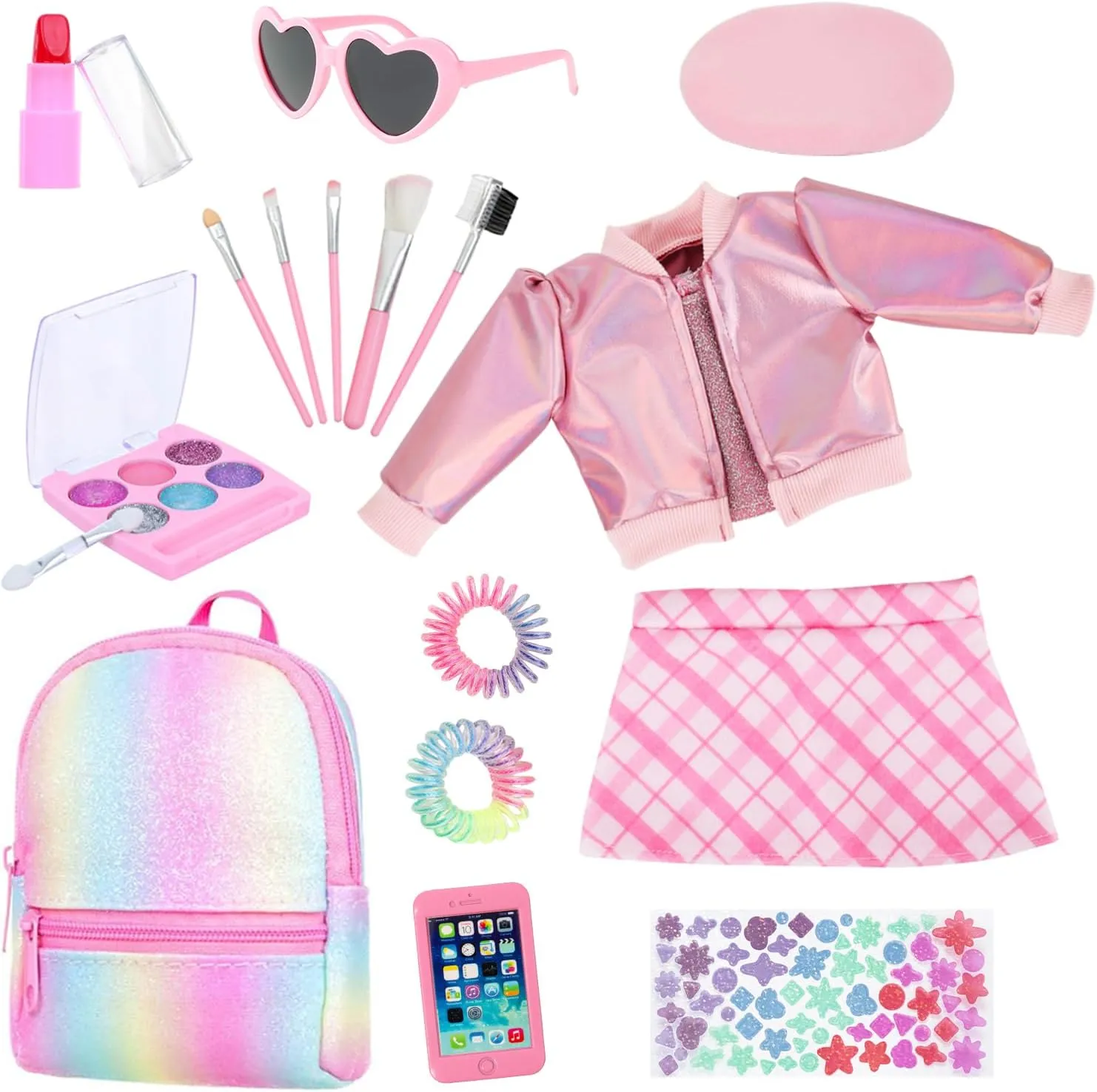 Ecore Fun 17-Piece 18 Inch Doll Accessories Cosmetic Set with Backpack & Outfits | Pretend Play Makeup Kit for 18" Dolls | Includes Lipstick, Eyeshadow, Brushes, Accessories & Stylish Clothes