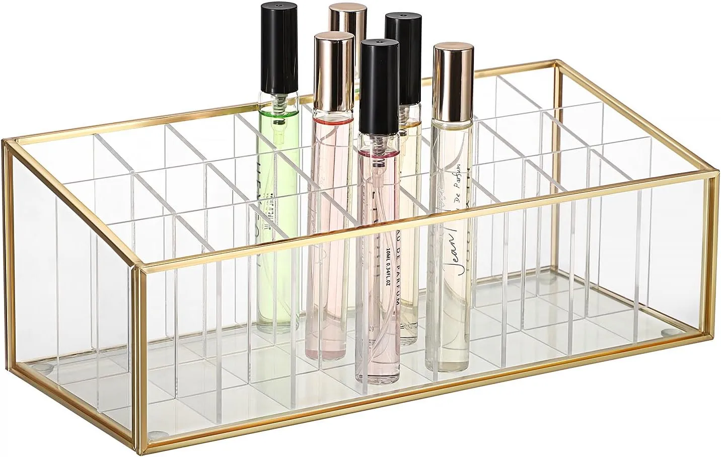 ELLDOO Rollerball Perfume Organizer, 24 Acrylic Spaces Glod Glass Perfume Storage Holder Beauty Scent Holder, Makeup Lipgloss Lipstick Display Case