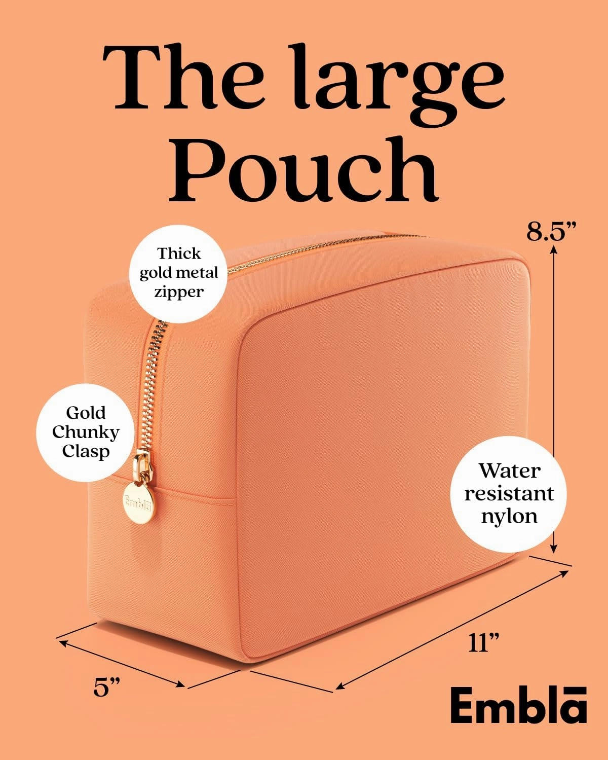 Embla Makeup Bag Travel Cosmetics Pouch and Toiletry Bag, Nylon Zipper Pouch Purse, Cute Make Up Organizer Storage Tote for Women Girls, Waterproof Travel Skincare Case, Large Makeup Bags, Apricot