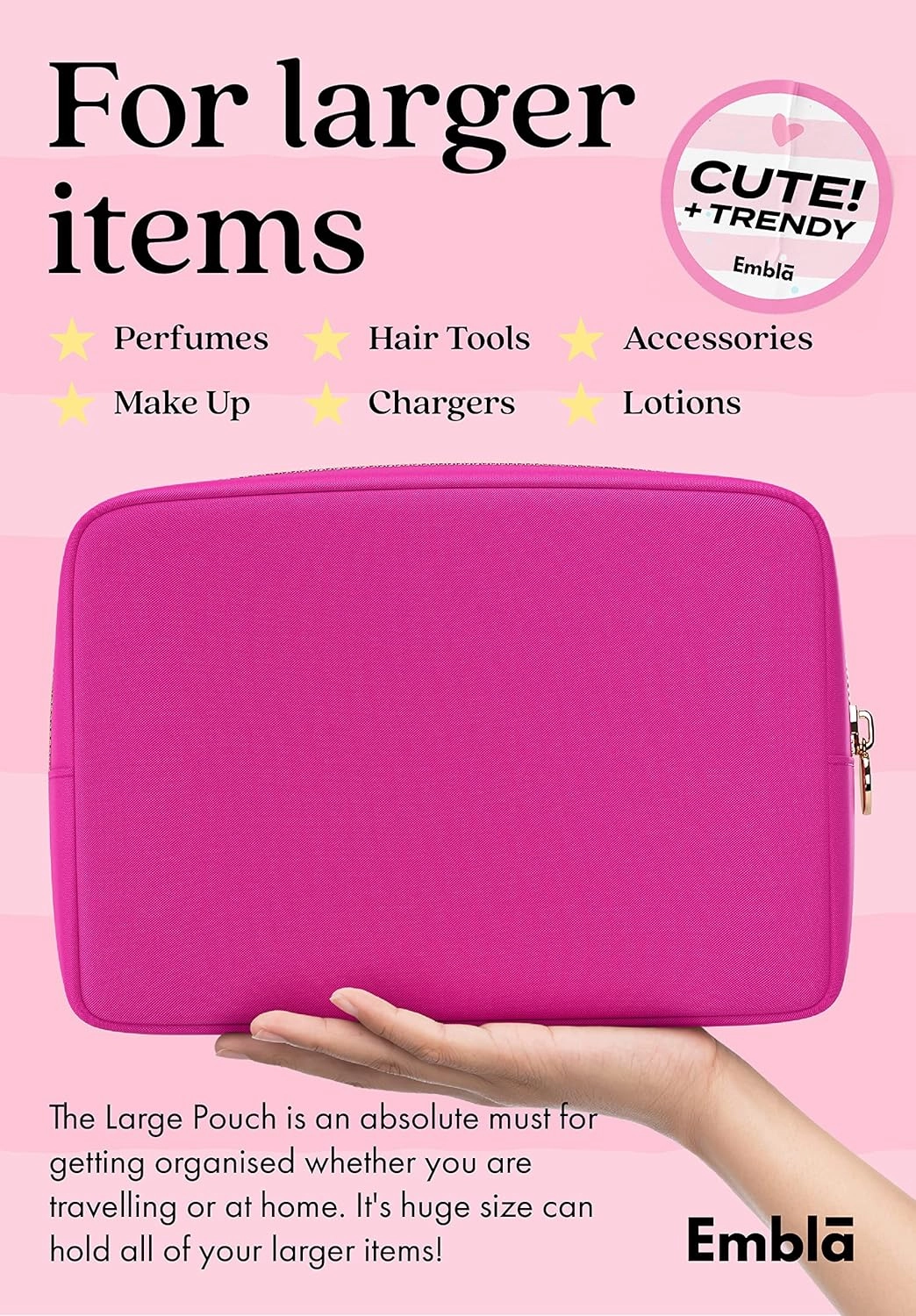 Embla Makeup Bag Travel Cosmetics Pouch and Toiletry Bag, Nylon Zipper Pouch Purse, Cute Make Up Organizer Storage Tote for Women Girls, Waterproof Travel Skincare Case, Large Makeup Bags, Fuchsia