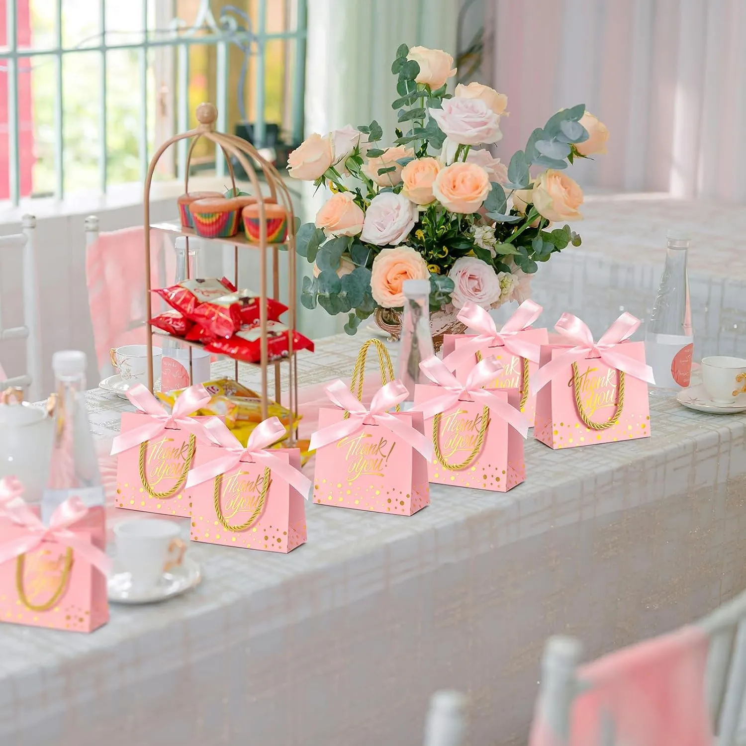 EQOREIIN Small Thank You Gift Bags 50pcs 5.5x2.5x4.7 Inches Small Gift Bags with Handles Bow Ribbon Pink Paper Bags for Party Favor, Mother's Day，Valentine's Day, Wedding, Baby Shower (Pink)