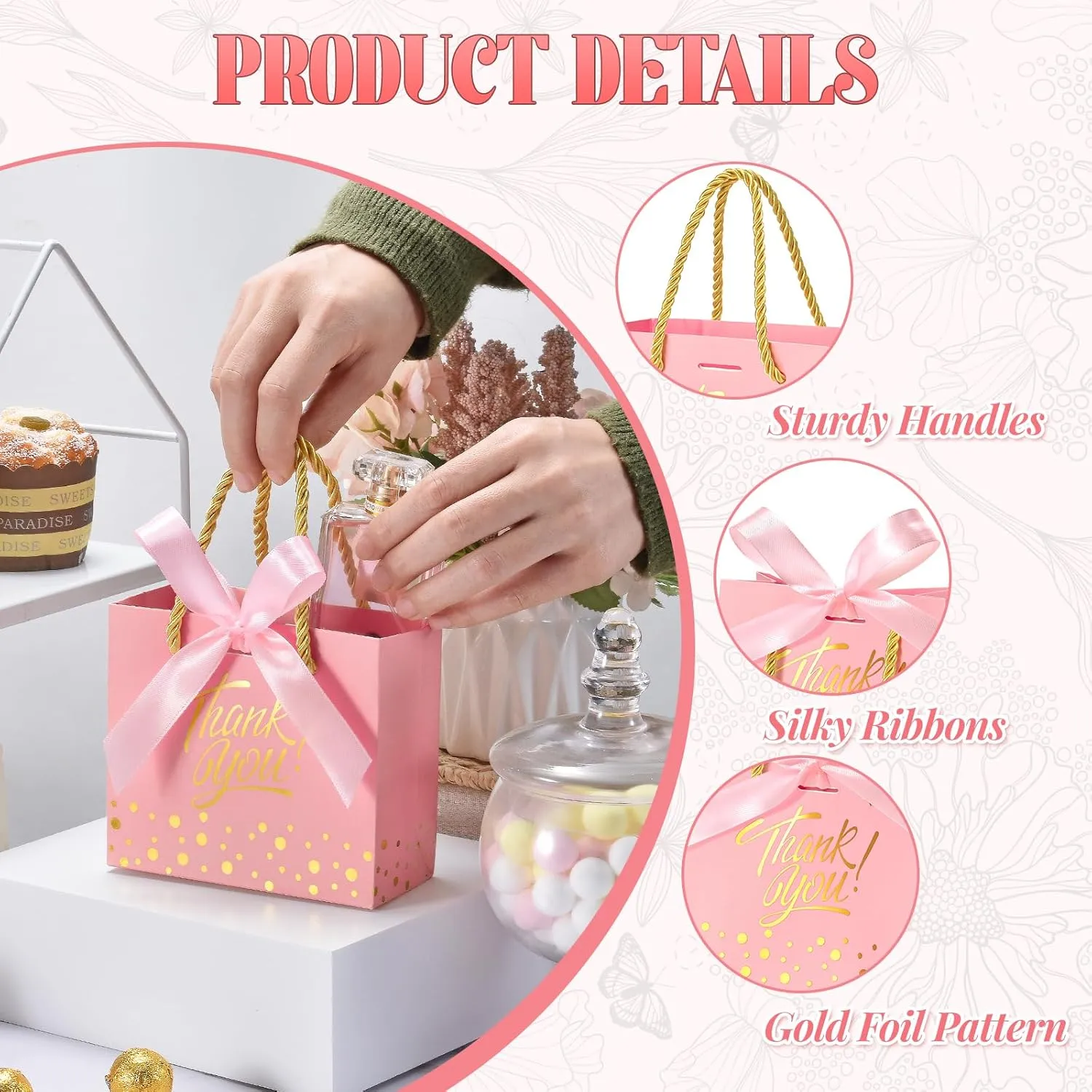 EQOREIIN Small Thank You Gift Bags 50pcs 5.5x2.5x4.7 Inches Small Gift Bags with Handles Bow Ribbon Pink Paper Bags for Party Favor, Mother's Day，Valentine's Day, Wedding, Baby Shower (Pink)