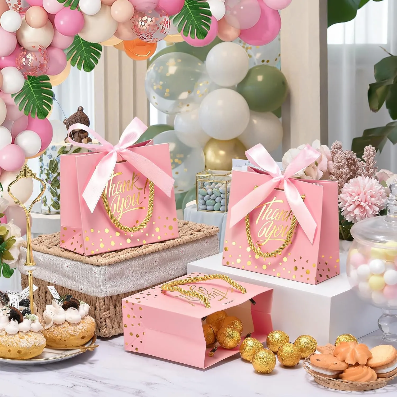 EQOREIIN Small Thank You Gift Bags 50pcs 5.5x2.5x4.7 Inches Small Gift Bags with Handles Bow Ribbon Pink Paper Bags for Party Favor, Mother's Day，Valentine's Day, Wedding, Baby Shower (Pink)