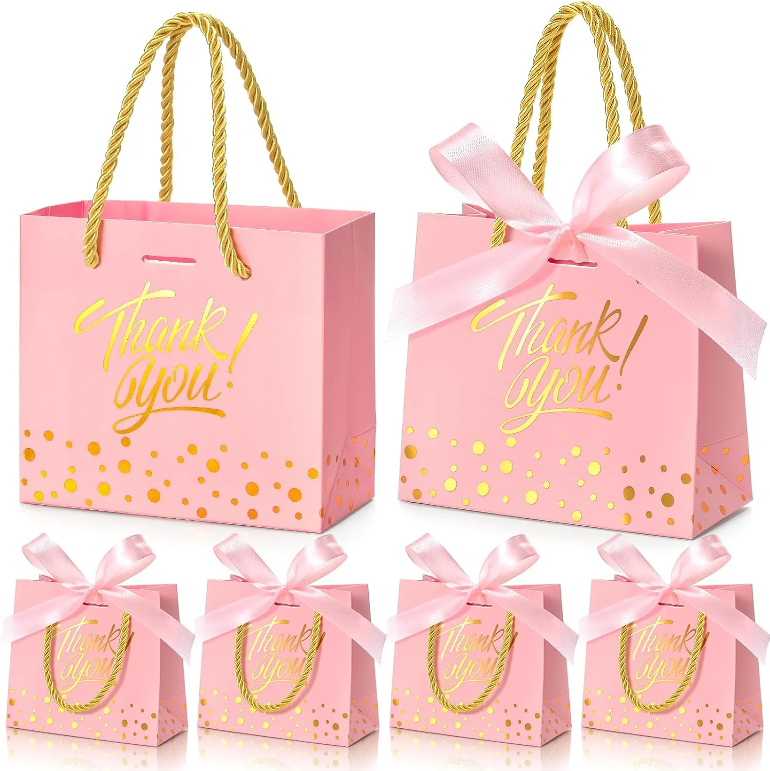 EQOREIIN Small Thank You Gift Bags 50pcs 5.5x2.5x4.7 Inches Small Gift Bags with Handles Bow Ribbon Pink Paper Bags for Party Favor, Mother's Day，Valentine's Day, Wedding, Baby Shower (Pink)