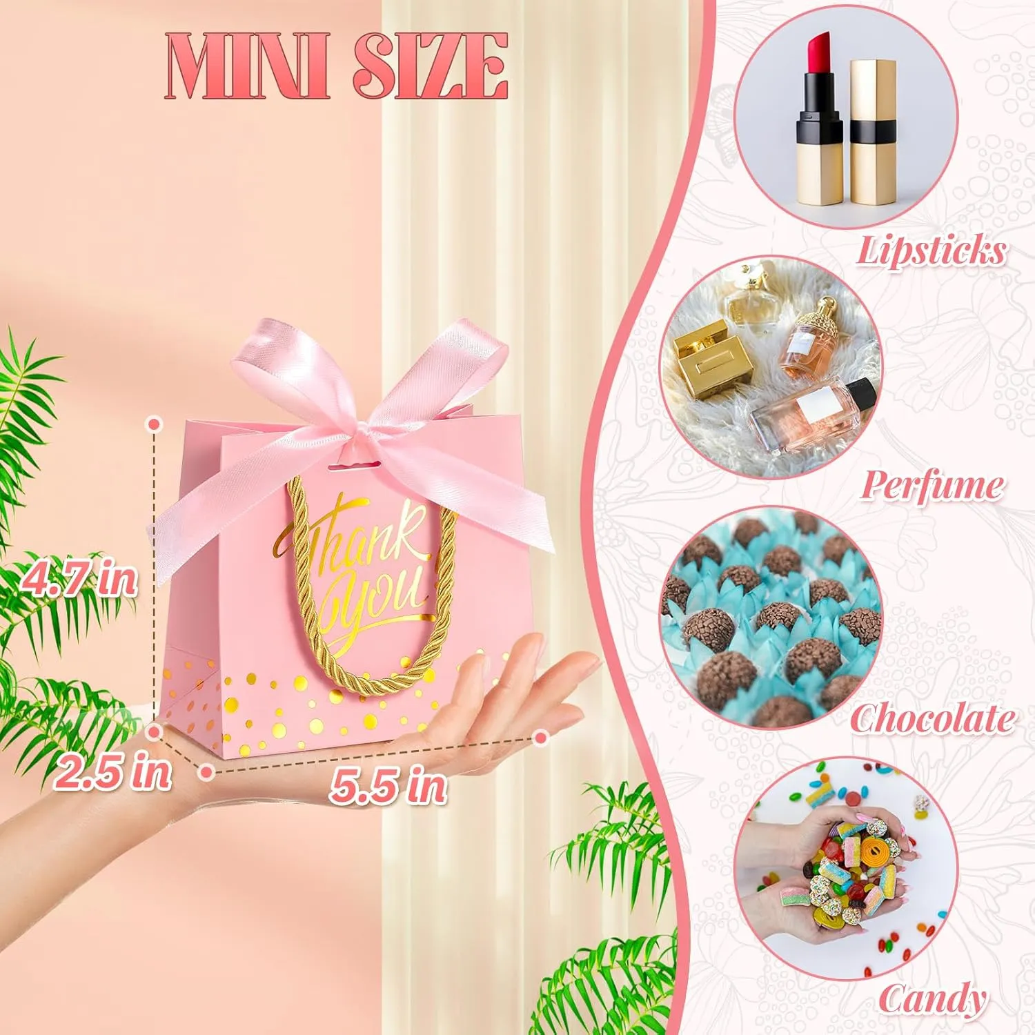 EQOREIIN Small Thank You Gift Bags 50pcs 5.5x2.5x4.7 Inches Small Gift Bags with Handles Bow Ribbon Pink Paper Bags for Party Favor, Mother's Day，Valentine's Day, Wedding, Baby Shower (Pink)