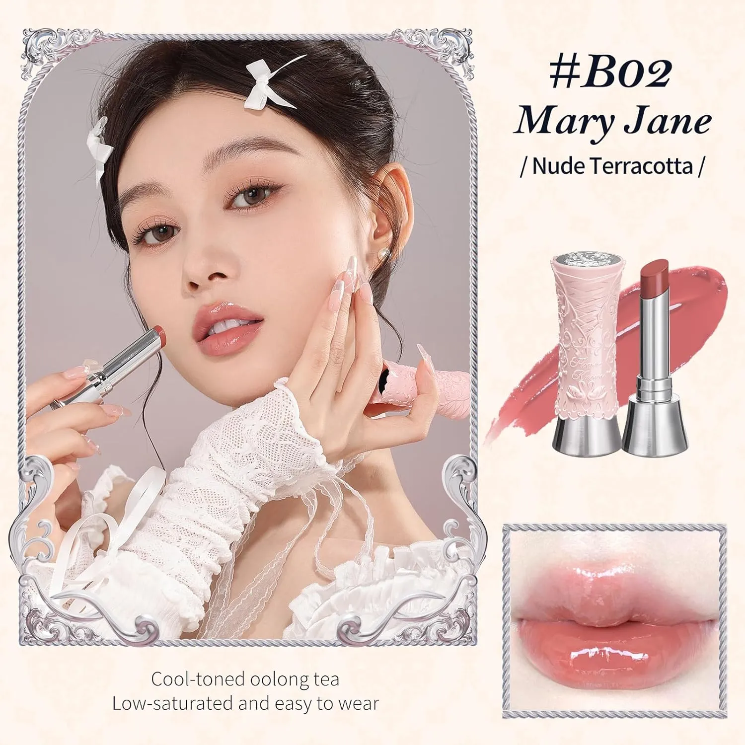 Flower Knows Swan Ballet Shine Lipstick,Hydrating Solid Lip Gloss,Moisturizing Nude peachy Tinted Lip Balm-Long Lasting Lip Gloss in Balm for Girls&Women,Vegan & Cruelty-Free(B02 Mary Jane)