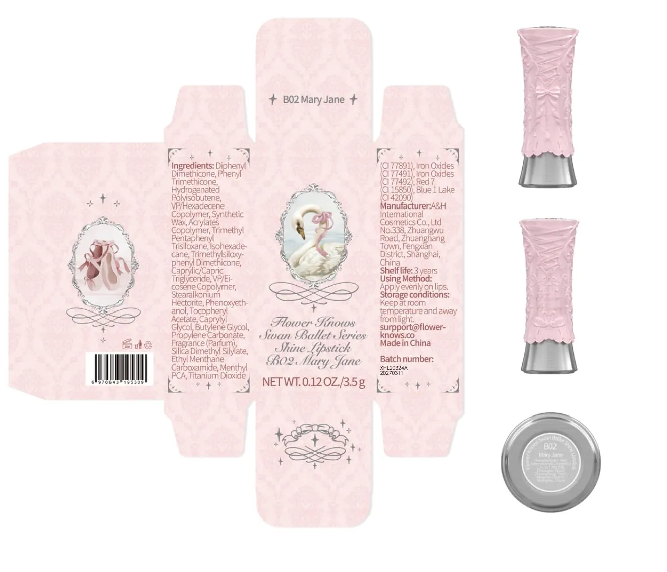 Flower Knows Swan Ballet Shine Lipstick,Hydrating Solid Lip Gloss,Moisturizing Nude peachy Tinted Lip Balm-Long Lasting Lip Gloss in Balm for Girls&Women,Vegan & Cruelty-Free(B02 Mary Jane)
