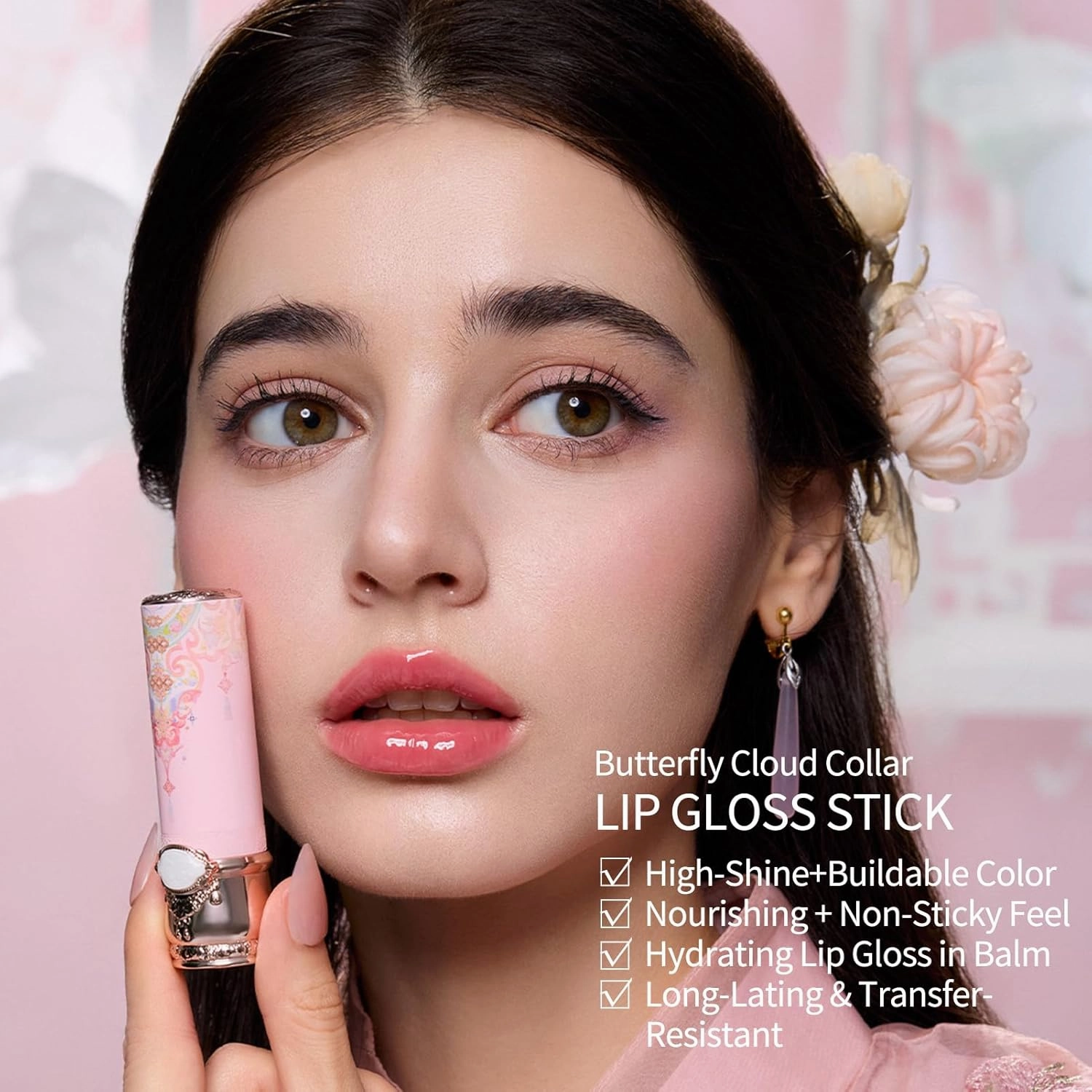 Flower Knows Butterfly Cloud Collar Glossy Lipstick,Hydrating Solid Lip Gloss,Moisturizing Pink Tinted Lip Balm,Long Lasting Lip Gloss in Balm for Girls&Women,Vegan & Cruelty-Free(C05 Peach Blossom)