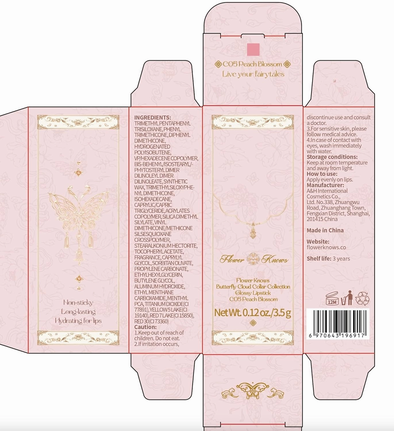 Flower Knows Butterfly Cloud Collar Glossy Lipstick,Hydrating Solid Lip Gloss,Moisturizing Pink Tinted Lip Balm,Long Lasting Lip Gloss in Balm for Girls&Women,Vegan & Cruelty-Free(C05 Peach Blossom)