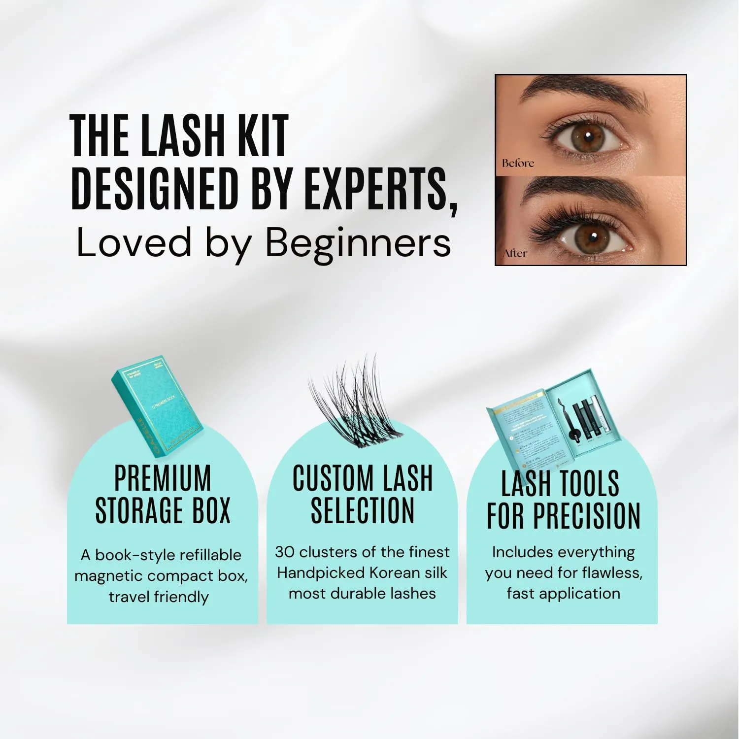 GAZELLE Lash Cluster Kit with Bond, Sealer, Remover & Tweezer – 3-Pack DIY Eyelash Extensions (10-12-14mm) – Wispy Korean PBT Lashes, Reusable, Salon-Style at Home, Lasts 10 Days, 30 Lashes