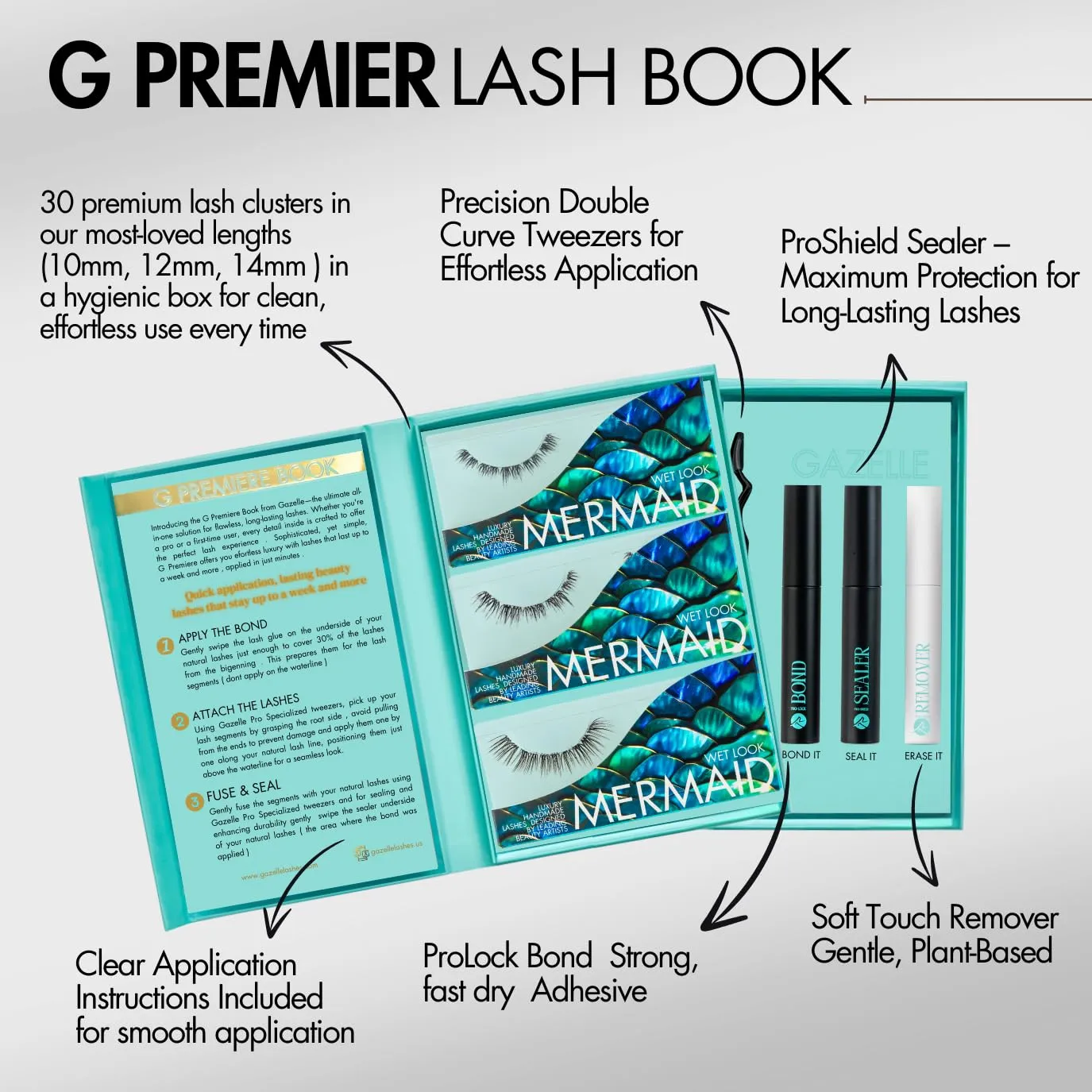 GAZELLE Lash Cluster Kit with Bond, Sealer, Remover & Tweezer – 3-Pack DIY Eyelash Extensions (10-12-14mm) – Wispy Korean PBT Lashes, Reusable, Salon-Style at Home, Lasts 10 Days, 30 Lashes